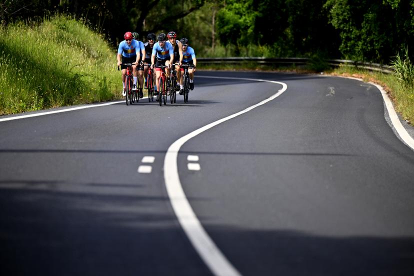 The short track team pictured in action during the annual training camp of Team Belgium (19-25/05), in Rio Maior, Portugal, Wednesday 21 May 2025. BELGA PHOTO ERIC LALMAND