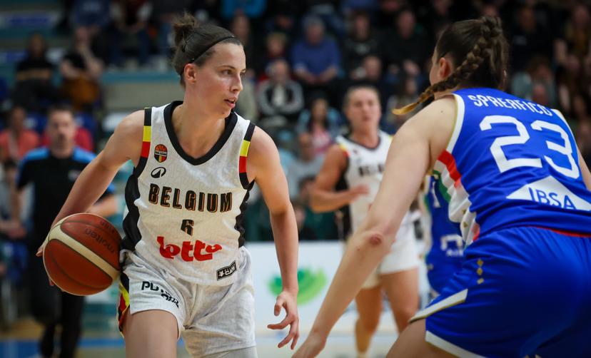 Belgium's Antonia Delaere pictured in action during a friendly basket game between Belgium's national team Belgian Cats and Italy, in Jemappes, on Friday 23 May 2025. BELGA PHOTO VIRGINIE LEFOUR