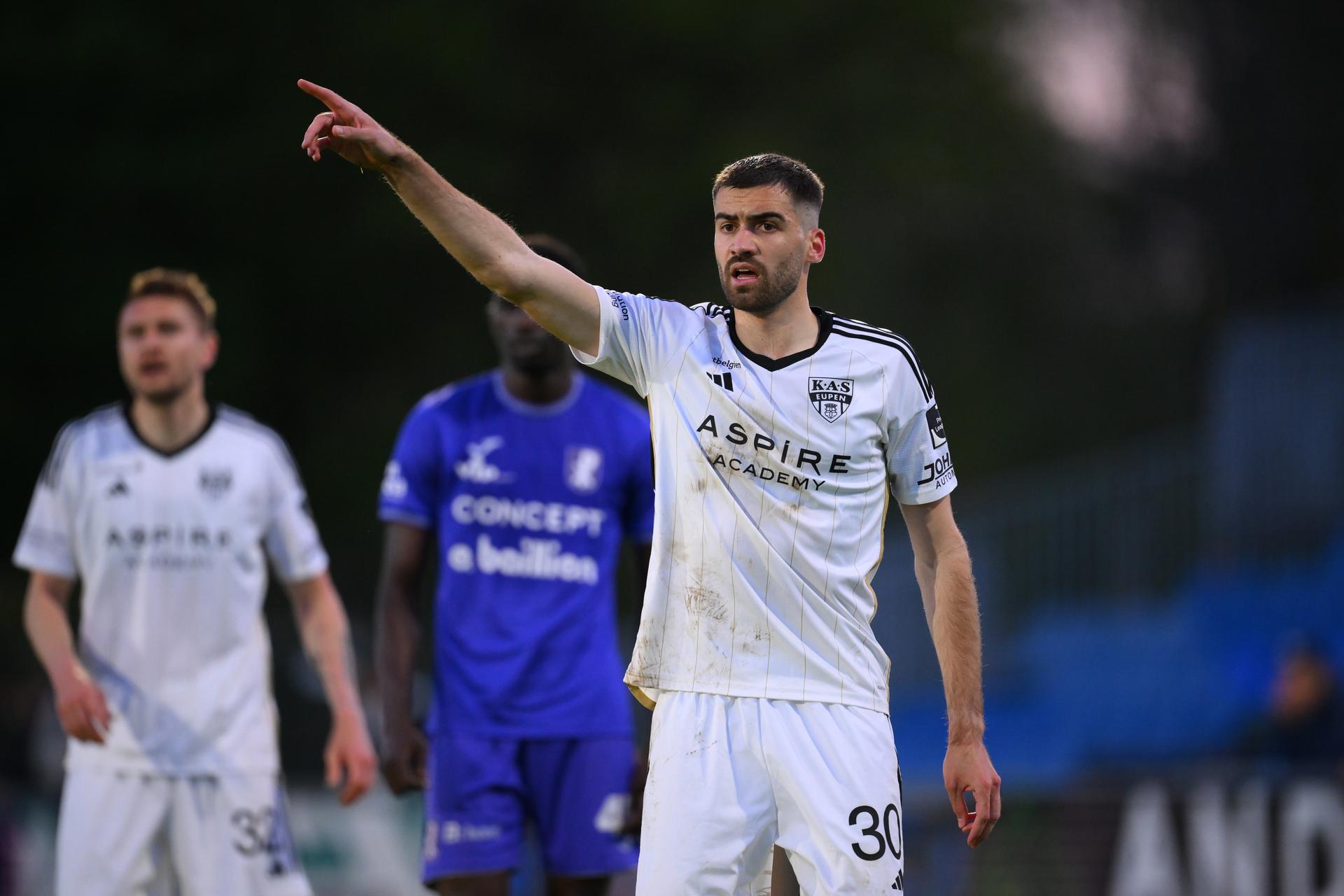 Eupen's Jan Gorenc reacts during a soccer game between Patro Eisden Maasmechelen and KAS Eupen, Friday 18 April 2025 in Maasmechelen, on the 30th and last day of the 2024-2025 'Challenger Pro League' 1B second division of the Belgian championship. BELGA PHOTO JOHN THYS
