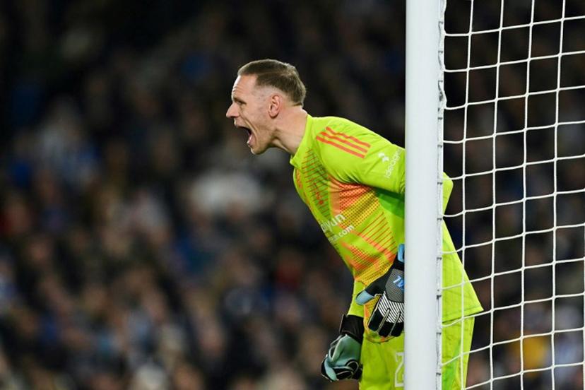Nottingham Forest's Belgian goalkeeper #26 Matz Sels reacts during the English FA Cup quarter-final football match between Brighton & Hove Albion and Nottingham Forest at the Amex stadium, in Brighton, on March 29, 2025.  Glyn KIRK / AFP