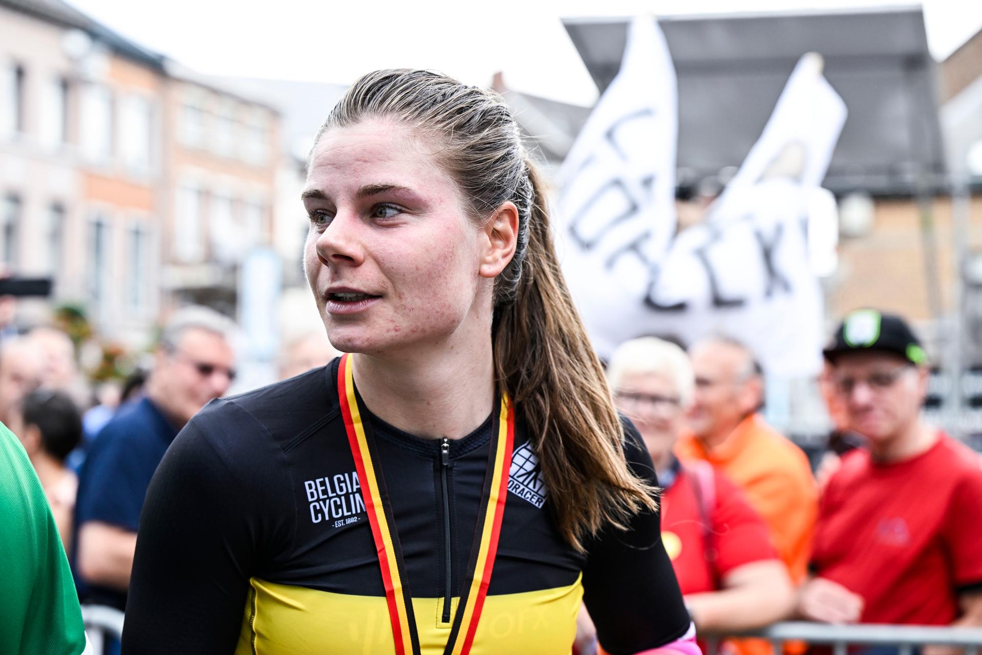 Belgian Lotte Kopecky of SD Worx - Protime pictured after winning the women's elite individual time trial of the Belgian Championships cycling, 38,5km, in Binche, on Thursday 20 June 2024. BELGA PHOTO TOM GOYVAERTS