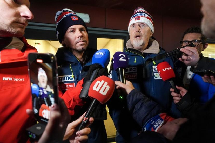 The Norwegian ski jumping national team's coach Magnus Brevig (left) and sport director Jan-Erik Aalbu deliver a press statement in Granaasen, Norway, on March 8, 2025, after two Norwegian jumpers were disqualified and accused of cheating after the men's large hill jumping competition during the World Ski Championships in Trondheim.  Terje Pedersen / NTB / AFP