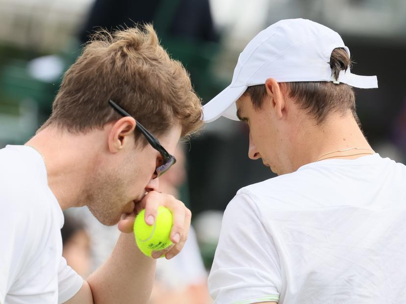 Uruguayan Ariel Behar and Belgian Joran Vliegen pictured during a doubles tennis match against Italian pair Vavassori - Bolelli, in the first round of the men's doubles at the 2025 Wimbledon grand slam tournament, Wednesday 02 July 2025 at the All England Tennis Club, in South-West London, Britain. BELGA PHOTO BENOIT DOPPAGNE