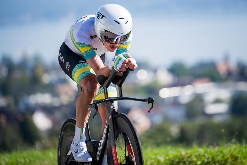 Australian Jay Vine pictured in action during a training and track reconnaissance session, ahead of the the 2024 UCI Road and Para-Cycling Road World Championships, Saturday 21 September 2024, in Zurich, Switzerland. The Worlds are taking place from 21 to 29 September. BELGA PHOTO JASPER JACOBS
