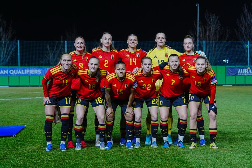 Janice Cayman, Tessa Wullaert, Zenia Mertens, Sari Kees, Mariam Toloba, Lore Jacobs, Saar Janssen, Diede Lemey, Hannah Eurlings and Valesca Ampoorter of Belgium line up during the national anthem prior to a game between Belgium's national women's soccer team the Red Flames and Israel, qualifying game 1/6 for the 2027 FIFA Women's World Cup, on Tuesday 03 March 2026, in Budaors, Hungary. BELGA PHOTO ISTVAN DERENCSENYI