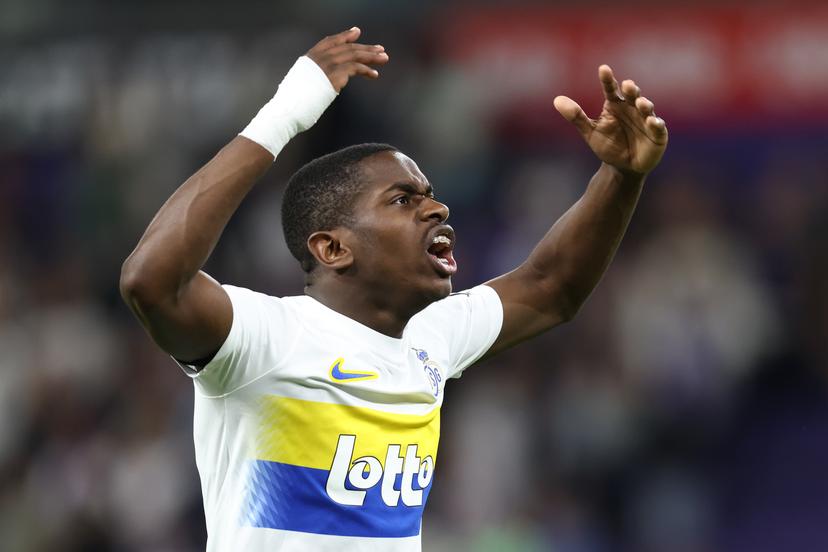 Union's Noah Sadiki celebrates after a soccer match between RSC Anderlecht and Royale Union Saint-Gilloise, Saturday 10 May 2025 in Brussels, on day 8 (out of 10) of the Champions' Play-offs of the 2024-2025 'Jupiler Pro League' first division of the Belgian championship. BELGA PHOTO BRUNO FAHY