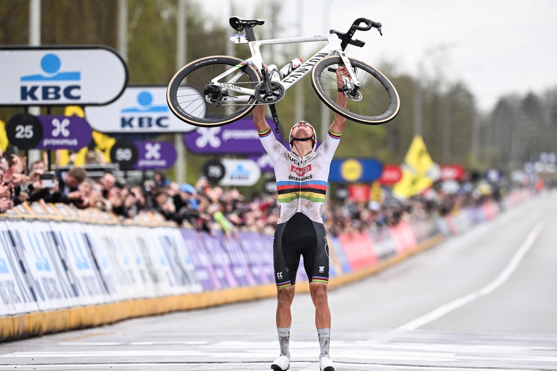 Dutch Mathieu van der Poel of Alpecin-Deceuninck celebrates as he crosses the finish line at the men's race of the 'Ronde van Vlaanderen/ Tour des Flandres/ Tour of Flanders' one day cycling event, 270,8km from Antwerp to Oudenaarde, Sunday 31 March 2024. BELGA PHOTO LAURIE DIEFFEMBACQ