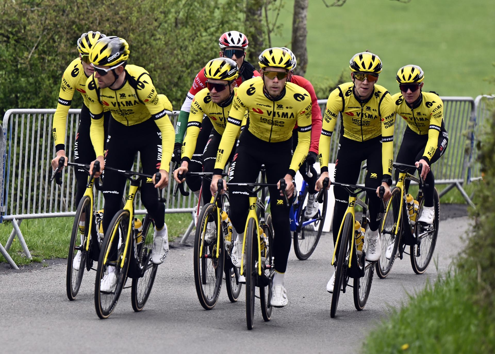 Team Visma-Lease a Bike riders pictured in action during a training and track reconnaissance session, on the 'Cote de la Redoute', in Remouchamps, Aywaille, ahead of the Liege-Bastogne-Liege one day cycling race, Friday 25 April 2025. BELGA PHOTO ERIC LALMAND