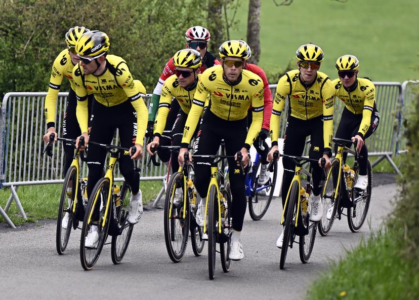 Team Visma-Lease a Bike riders pictured in action during a training and track reconnaissance session, on the 'Cote de la Redoute', in Remouchamps, Aywaille, ahead of the Liege-Bastogne-Liege one day cycling race, Friday 25 April 2025. BELGA PHOTO ERIC LALMAND