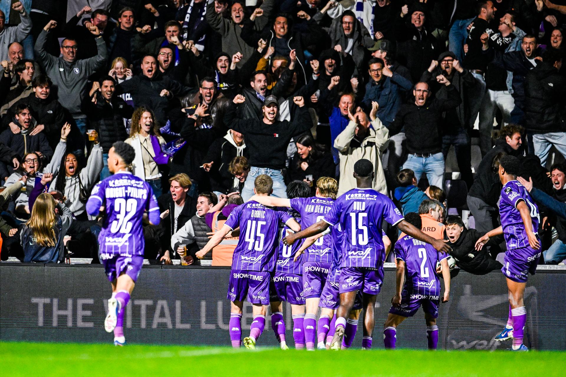 Beerschot's Genki Haraguchi celebrates after scoring during a soccer game between Beerschot VA and Patro Eisden Maasmechelen, Monday 27 April 2026 in Antwerp, the return leg of the Semi-Finals of the Promotion Play-Offs of the 2025-2026 'Challenger Pro League' 1B second division of the Belgian championship. First leg ended on a draw 1-1. BELGA PHOTO TOM GOYVAERTS