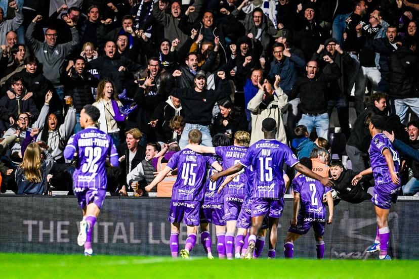 Beerschot's Genki Haraguchi celebrates after scoring during a soccer game between Beerschot VA and Patro Eisden Maasmechelen, Monday 27 April 2026 in Antwerp, the return leg of the Semi-Finals of the Promotion Play-Offs of the 2025-2026 'Challenger Pro League' 1B second division of the Belgian championship. First leg ended on a draw 1-1. BELGA PHOTO TOM GOYVAERTS