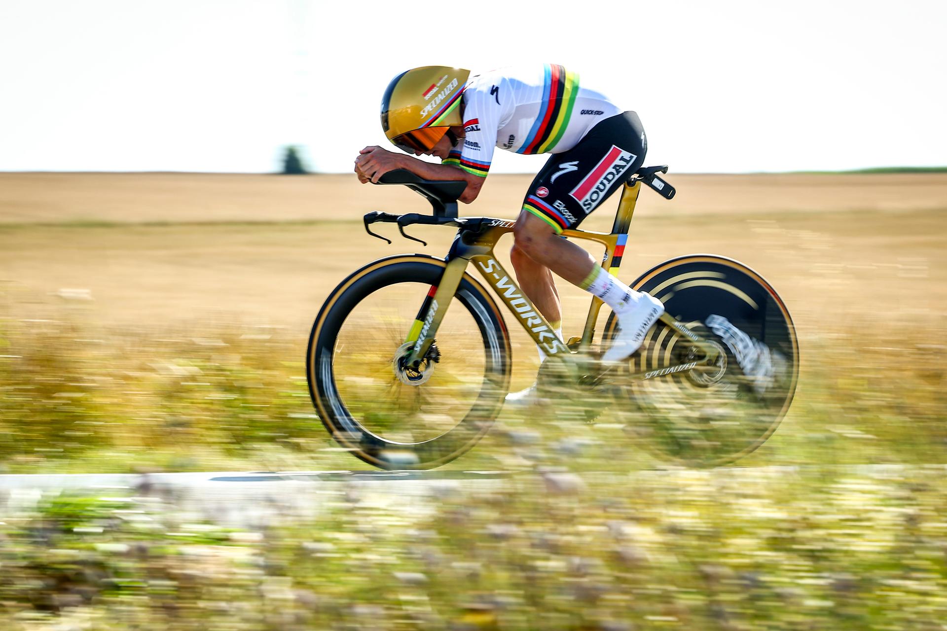 Belgian Remco Evenepoel of Soudal Quick-Step pictured in action during stage five of the 2025 Tour de France cycling, a 33km time trial in Caen, France on Wednesday 09 July 2025. The 112th edition of the Tour de France starts on Saturday 5 July in Lille, France, and will finish in Paris, France on the 27th of July. BELGA PHOTO DAVID PINTENS