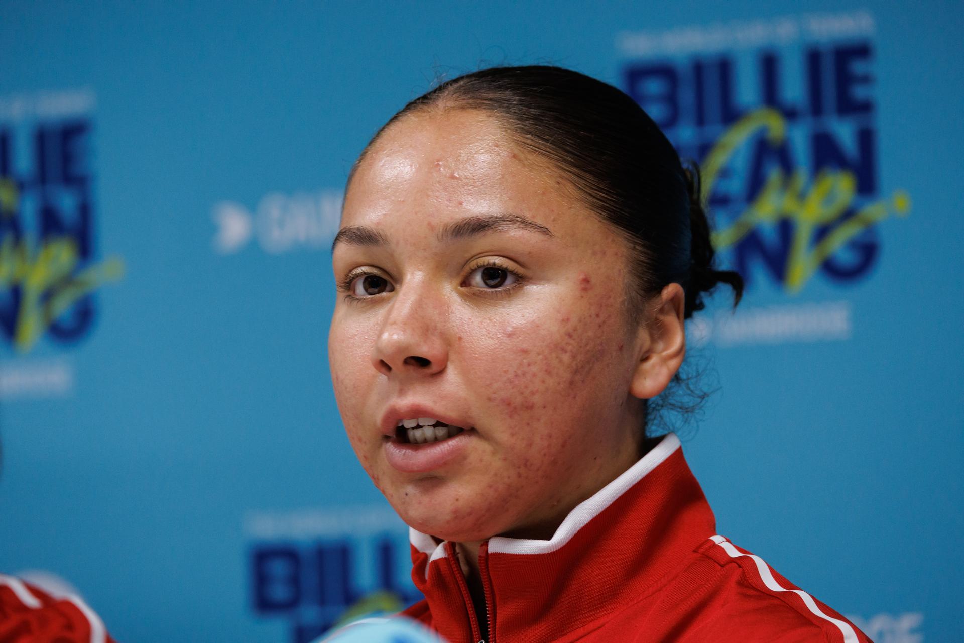 Belgian Sofia Costoulas pictured during a press conference of Belgian team ahead of the meeting between Belgium and USA, in the qualifiers of the Billie Jean King Cup tennis, in Oostende, Belgium, on Tuesday 07 April 2026. The game will be played on 10 and 11th April. PHOTO KURT DESPLENTER