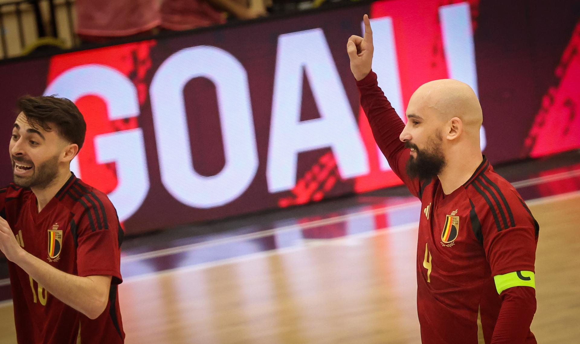 Belgium's Omar Rahou celebrates after scoring during a futsal game between Belgium and Czechia, in Roosdaal, on Wednesday 12 March 2025, the main round of qualification of the group 9 (match 5/6) for the Euro 2026. BELGA PHOTO VIRGINIE LEFOUR