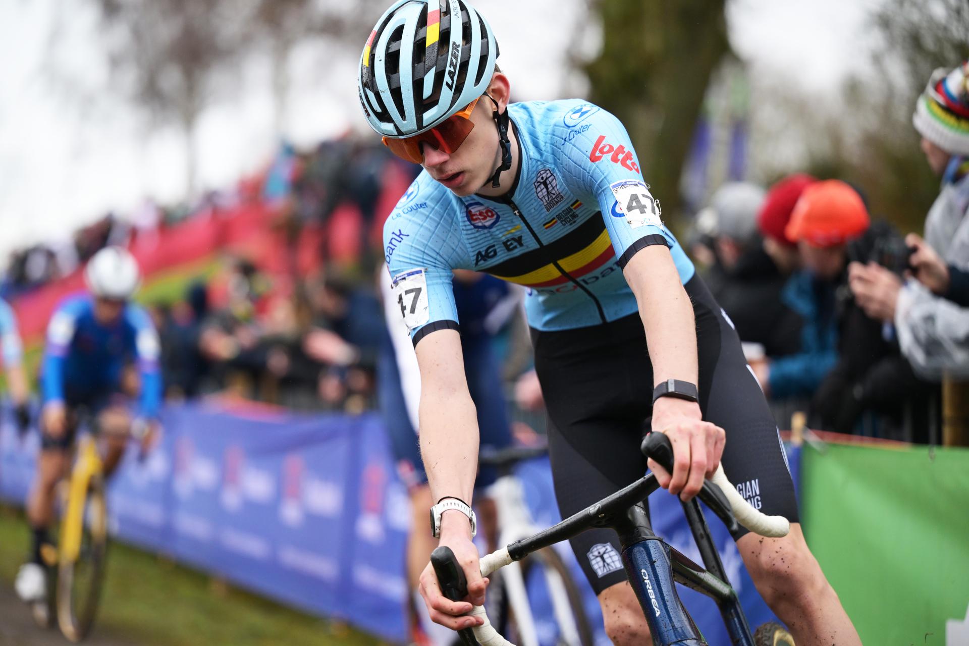 Belgian Giel Lejeune pictured in action during the junior men race at UCI Cyclocross World Championships, on Sunday 01 February 2026, in Hulst, The Netherlands. BELGA PHOTO DAVID PINTENS