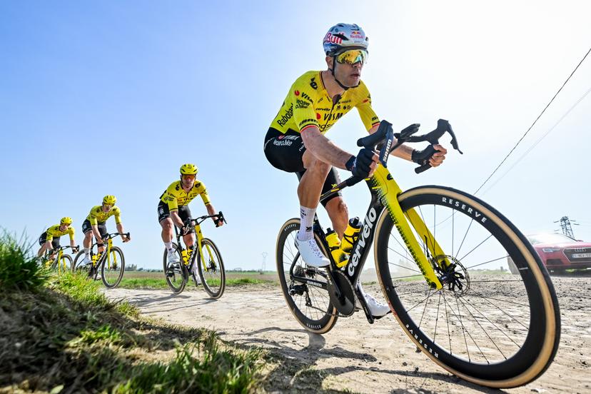 Belgian Wout van Aert of Team Visma-Lease a Bike pictured in action during the reconnaissance of the track ahead of this year's Paris-Roubaix cycling race, Thursday 09 April 2026, around Roubaix, France. The 123rd edition of Paris-Roubaix cycling races will take on Sunday, with the women riding 143,1 km the men riding 258,3 km on Sunday. BELGA PHOTO DIRK WAEM
