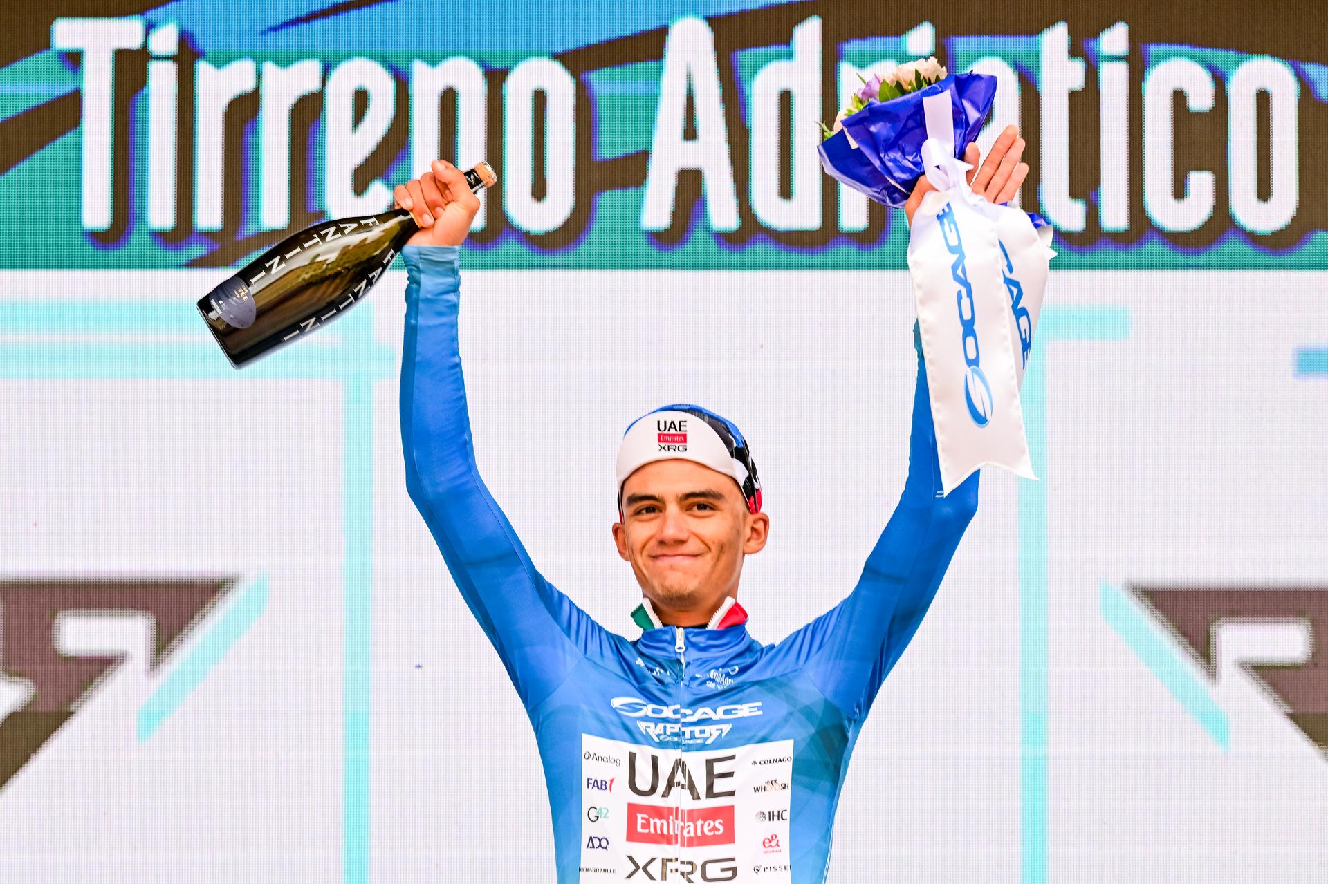 Mexican Isaac Del Toro of UAE Team Emirates-XRG pictured on the podium after the second stage of the Tirreno-Adriatico cycling race, from Camaiore to San Gimignano (206 km), Italy, Tuesday 10 March 2026. BELGA PHOTO DIRK WAEM