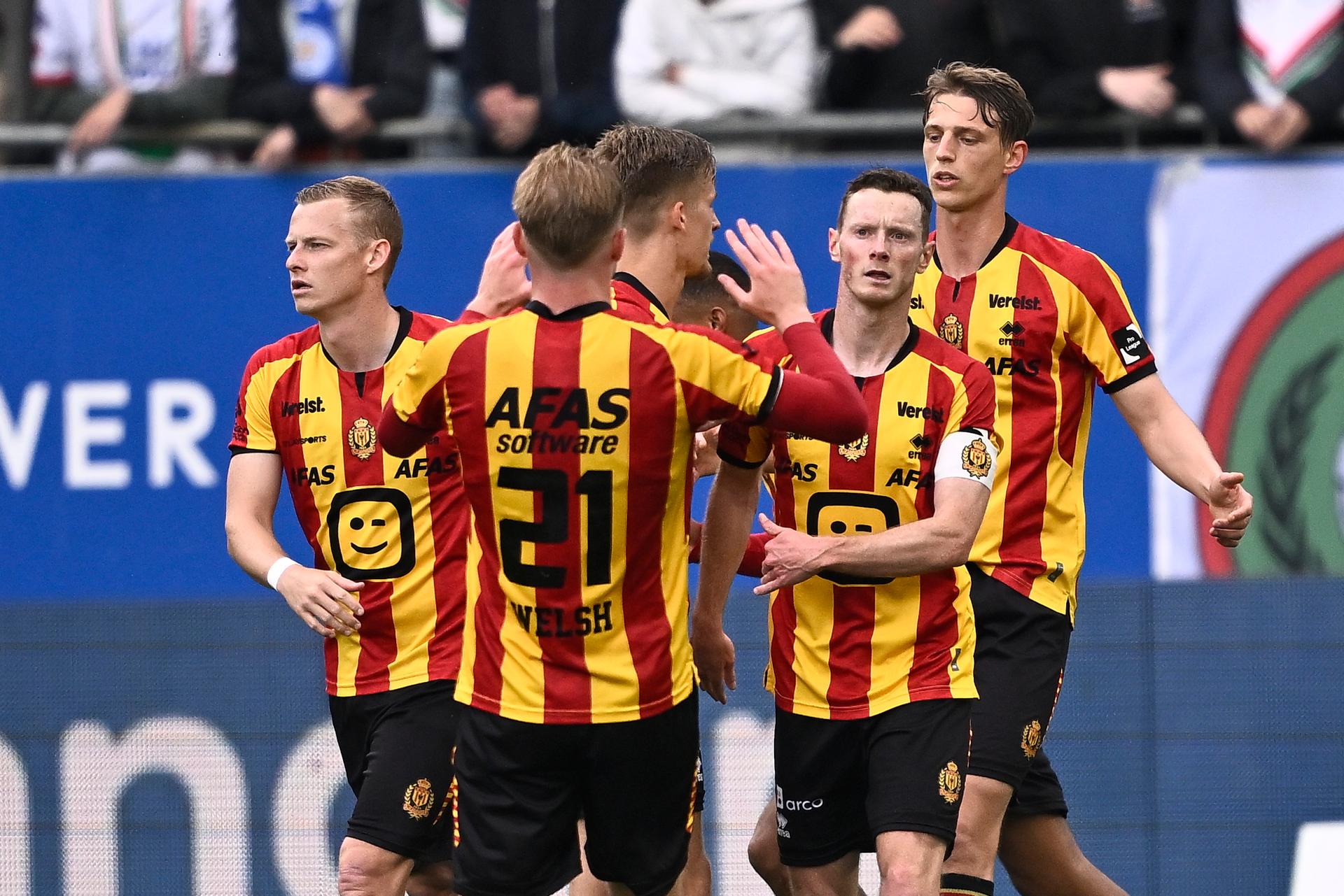 Mechelen's Rob Schoofs celebrates after scoring during a soccer match between Oud-Heverlee Leuven and KV Mechelen, Saturday 03 May 2025 in Heverlee, on day 7 (out of 10) of the Europe Play-offs of the 2024-2025 'Jupiler Pro League' first division of the Belgian championship. BELGA PHOTO JOHAN EYCKENS