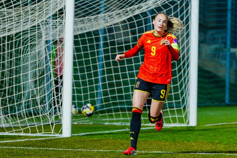 Tessa Wullaert of Belgium celebrates after scoring the opening goal during a game between Belgium's national women's soccer team the Red Flames and Israel, qualifying game 1/6 for the 2027 FIFA Women's World Cup, on Tuesday 03 March 2026, in Budaors, Hungary. BELGA PHOTO ISTVAN DERENCSENYI