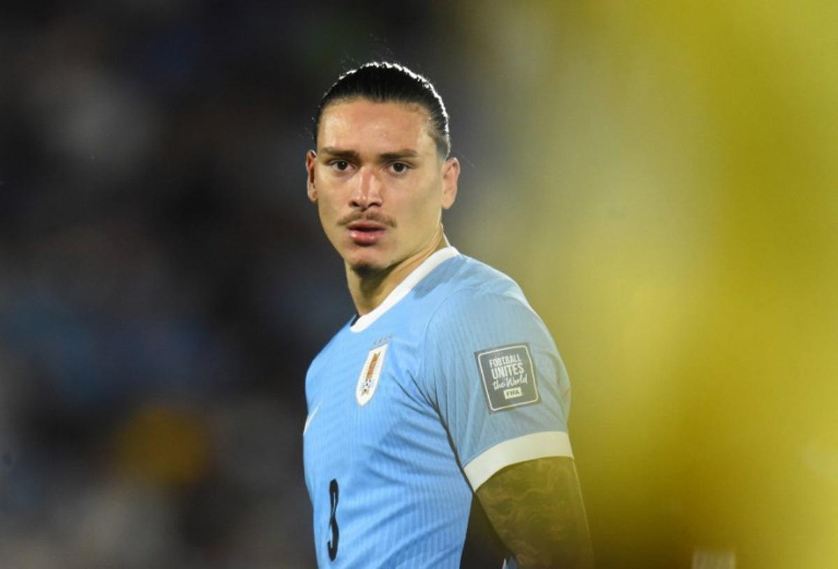 Uruguay's forward #09 Darwin Nunez reacts during the 2026 FIFA World Cup South American qualifiers football match between Uruguay and Colombia at the Centenario stadium in Montevideo on November 15, 2024.  DANTE FERNANDEZ / AFP