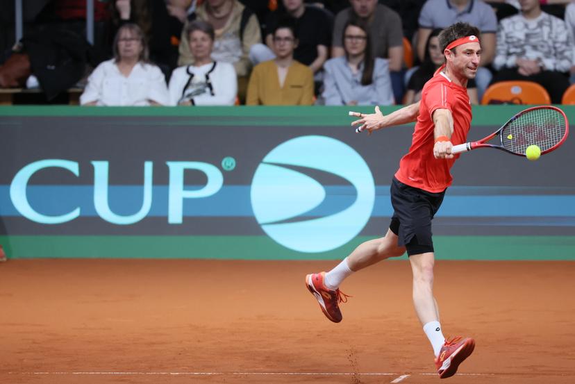 Belgian Sander Gille pictured in action duringa a doubles tennis match between Bulgarian Donski/Nesterov and Belgian Gille/Vliegen, match 3 of the qualifier of the Davis Cup on Sunday 08 February 2026, in Plovdiv, Bulgaria. Belgium will compete this weekend in the Davis Cup qualifiers against Bulgaria. BELGA PHOTO BENOIT DOPPAGNE