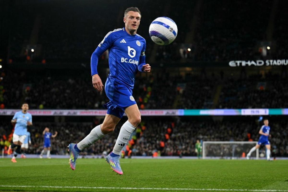 Leicester City's English striker #09 Jamie Vardy focuses on the ball during the English Premier League football match between Manchester City and Leicester City at the Etihad Stadium in Manchester, north west England, on April 2, 2025.  Oli SCARFF / AFP