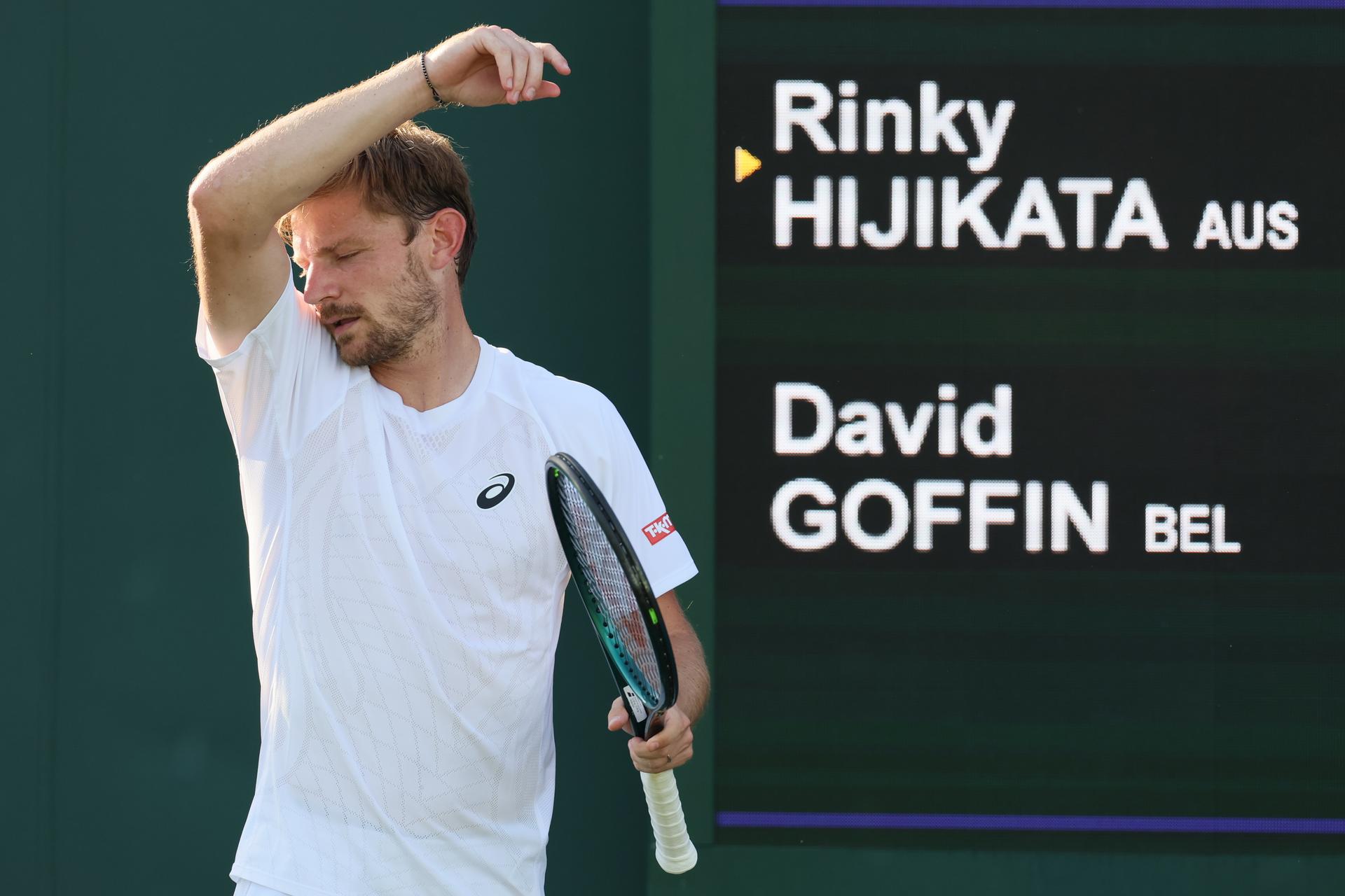 Belgian David Goffin pictured in action at a tennis game against UK's Hijikata, in the first round of the men's singles at the 2025 Wimbledon grand slam tournament, Tuesday 01 July 2025 at the All England Tennis Club, in South-West London, Britain. BELGA PHOTO BENOIT DOPPAGNE
