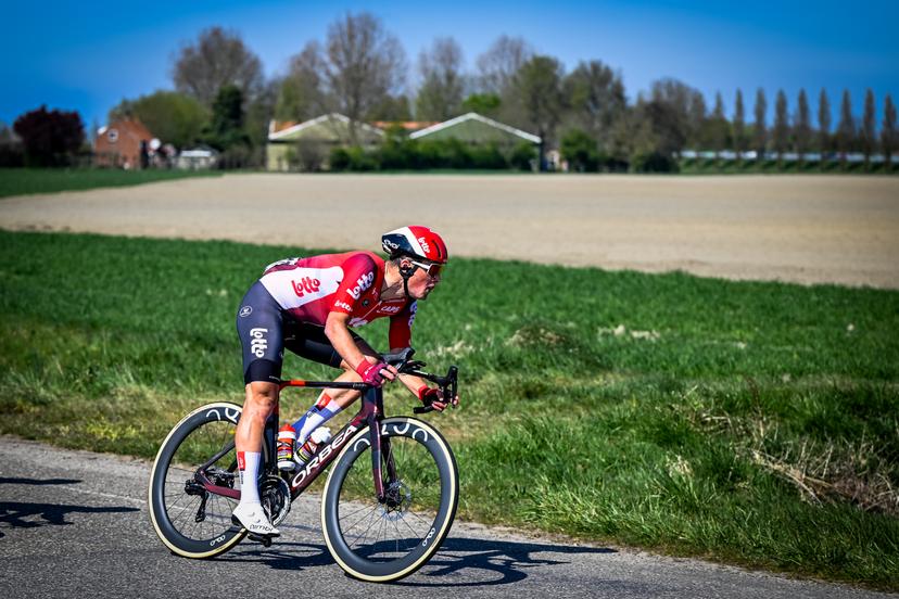 French Baptiste Veistroffer of Lotto Cycling Team pictured in action during the men's race of the 113th edition of the 'Scheldeprijs' one day cycling event, 202,8 km from Terneuzen, the Netherlands to Schoten, Belgium on Wednesday 09 April 2025. BELGA PHOTO TOM GOYVAERTS
