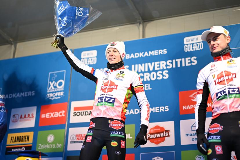 Belgian Michael Vanthourenhout and Belgian Gerben Kuypers pictured on the podium after the men elite race of the 'Brussels Universities' cyclocross cycling event, stage 8/8 in the 'X20 Badkamers Trofee' competition, Sunday 15 February 2026 in Brussels, Belgium. BELGA PHOTO MAARTEN STRAETEMANS
