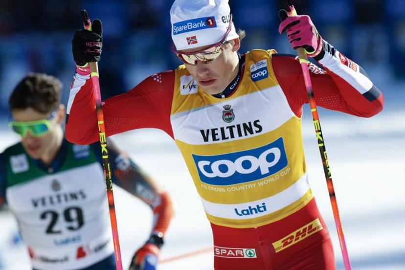 Johannes Hoesflot Klaebo of Norway competes to win the Cross-Country Skiing Men's Sprint Free Style final at the FIS Nordic World Cup Lahti Ski Games in Lahti, Finland, on March 7, 2026.  Petri Korteniemi / Lehtikuva / AFP