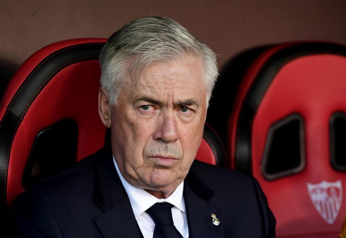 Real Madrid's Italian coach Carlo Ancelotti is pictured before the Spanish league football match between Sevilla FC and Real Madrid CF at Ramon Sanchez Pizjuan Stadium in Seville on May 18, 2025.  CRISTINA QUICLER / AFP