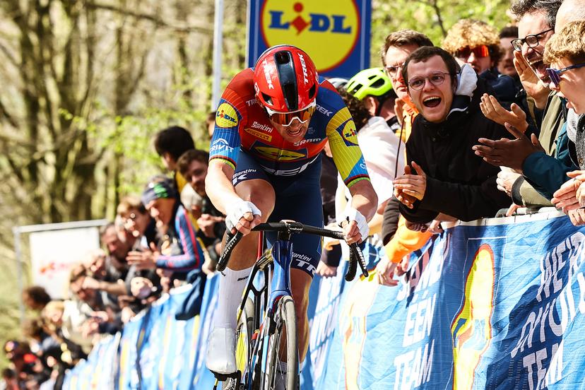 Danish Mads Pedersen of Lidl-Trek pictured in action on the Kemmelberg during the men elite 'Gent-Wevelgem - In Flanders Fields' one day cycling race, 250.3 km from Ieper to Wevelgem, Sunday 30 March 2025. BELGA PHOTO DAVID PINTENS