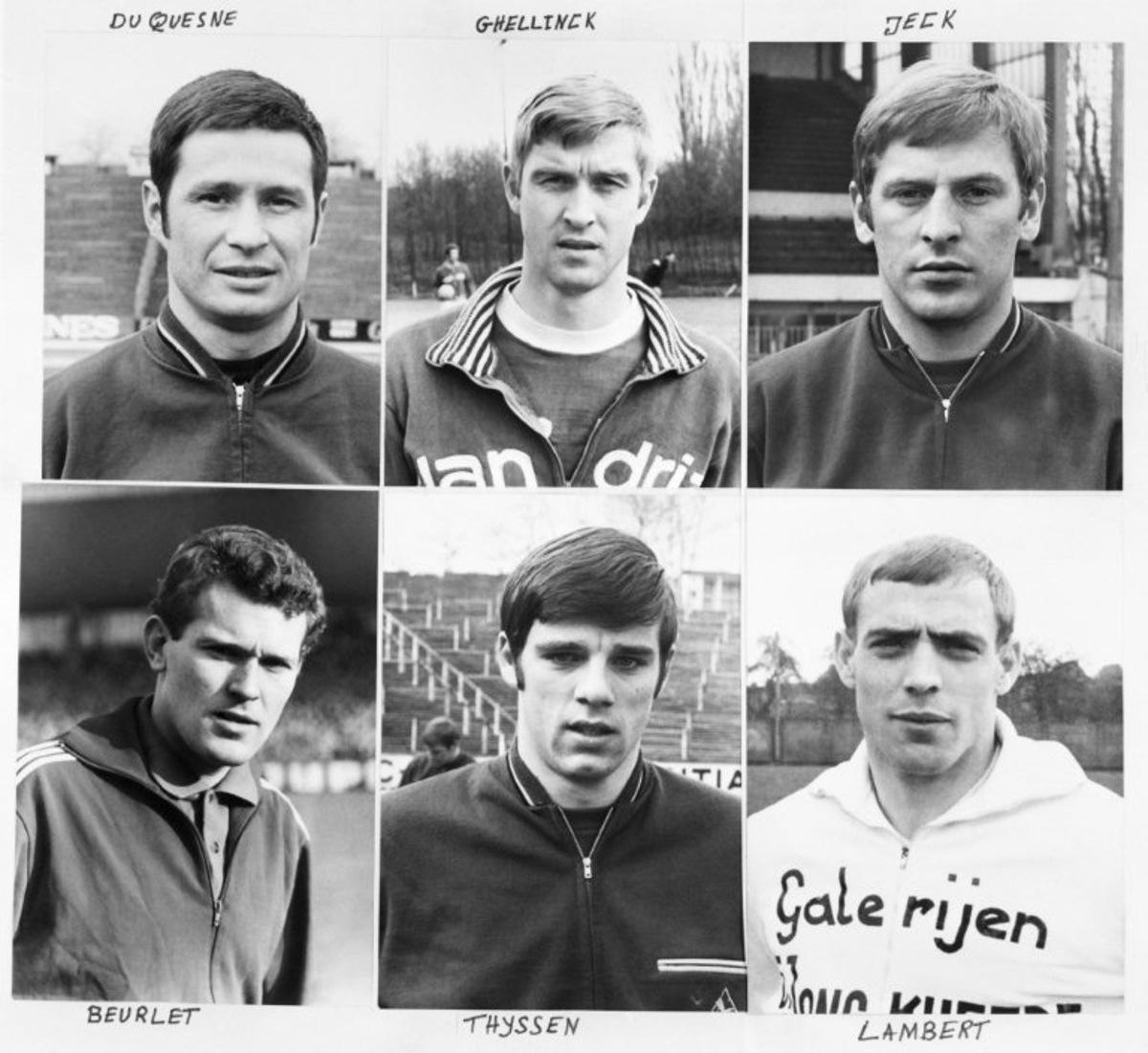 Portraits taken on May 22, 1970 of Belgium's national soccer team. Belgium will participate in the World Cup taking place in Mexico from 31 May to 21 June 1970. From L to R (up): Jacques Duquesne, Lucien Ghellynck and Léon Jeck, (down): Jacques Beurlet, Jean Thissen and Raoul Lambert.  AFP