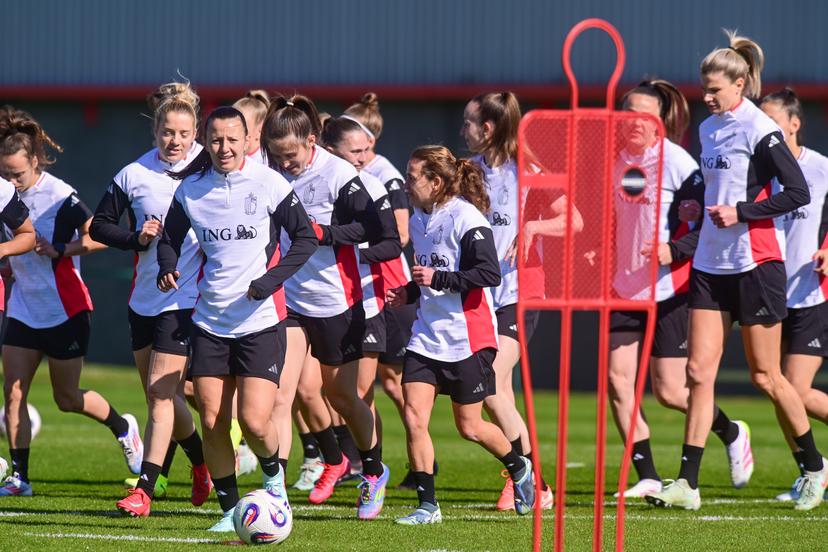 Red Flames players are pictured during a training session of the national teams of Belgium (Red Flames), on Tuesday 01 April 2025 in Tubize. The team is preparing for a game against England, on the third matchday in group A3 of the 2024-25 Women's Nations League competition. BELGA PHOTO JONAS ROOSENS