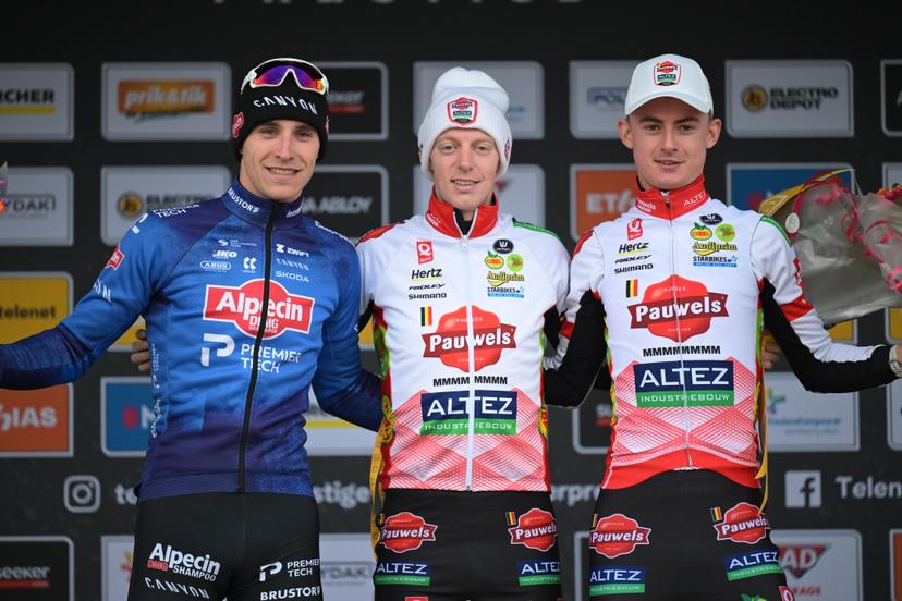 Belgian Niels Vandeputte, Belgian Michael Vanthourenhout and Belgian Gerben Kuypers pictured on the podium after the men elite race of the 'Noordzeecross' cyclocross cycling event in Middelkerke, the last race of the Superprestige competition on Saturday 07 February 2026. BELGA PHOTO DAVID PINTENS