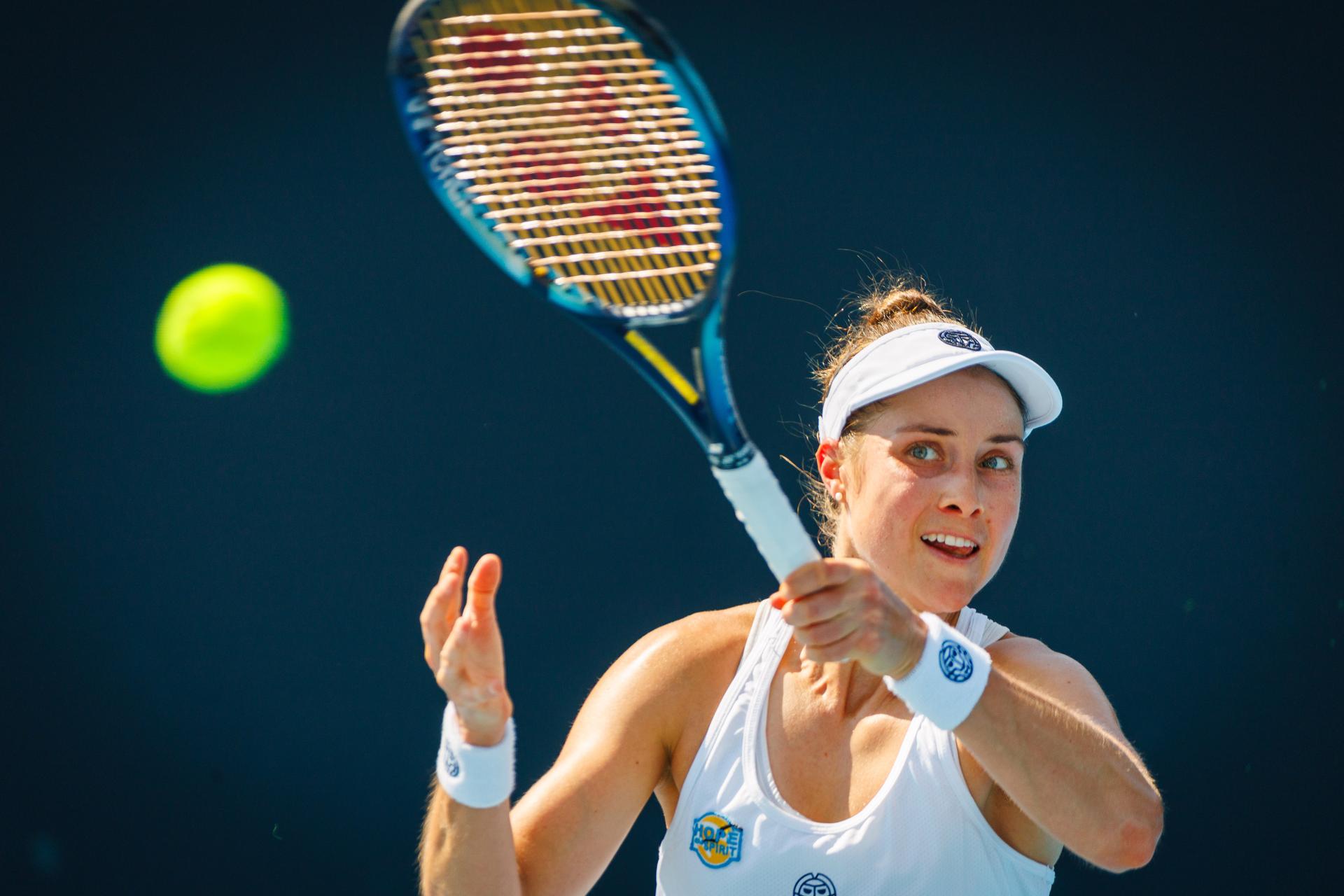 Belgian Marie Benoit pictured during a women's qualifying singles second round game between Belgian Marie Benoit and Polish Maja Chwalinska, at the 'Australian Open' Grand Slam tennis tournament, Wednesday 08 January 2025 in Melbourne Park, Melbourne, Australia. The 2025 edition of the Australian Grand Slam takes place from January 12th to January 26th. Benoit lost her second game 1-6, 6-3, 1-6. BELGA PHOTO PATRICK HAMILTON