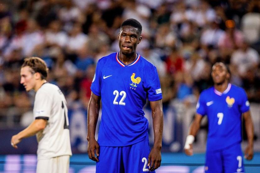 France's forward #22 Thierno Barry (C) reacts during the UEFA U21 European Championship semi-final football match between Germany and France in Kosice, Slovakia on June 25, 2025.  Branislav Racko / AFP