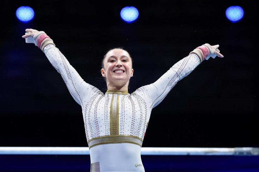 Belgium's Nina Derwael celebrates after competing during the women's uneven bars final of the Men's and Women's Artistic Gymnastics European Championships in Leipzig, eastern Germany on May 30, 2025.  Ronny HARTMANN / AFP