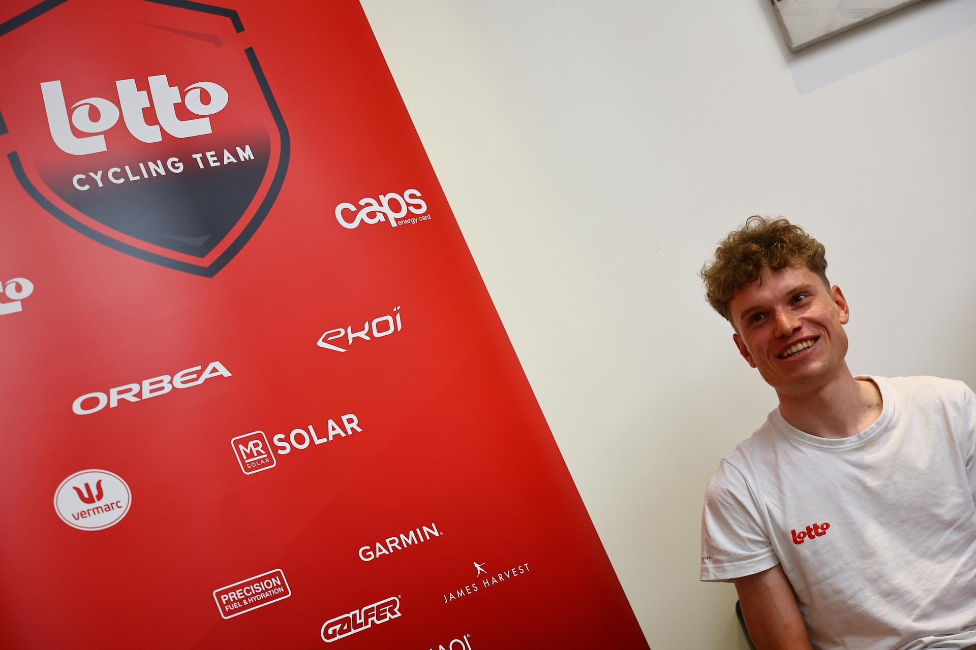 Belgian Lennert Van Eetvelt of Lotto Cycling Team and pictured during a press conference ahead of the 2025 Tour de France cycling race, Wednesday 02 July 2025, in Englos, France. The 112th edition of the Tour de France starts on Saturday 5 July in Lille, France, and will finish in Paris, France on the 27th of July.  BELGA PHOTO DAVID PINTENS