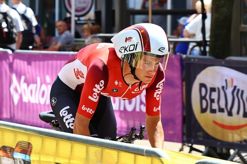 Belgian Alec Segaert of Lotto Cycling Team pictured during a training session ahead of the third stage of the Baloise Belgium Tour cycling race, a 9,7km individual time trial from Tessenderlo to Ham, Friday 20 June 2025. The Baloise Belgium Tour takes place from 18 to 22 June. BELGA PHOTO DAVID PINTENS