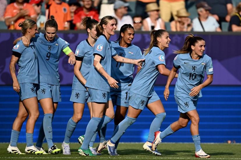 Netherlands' midfielder #17 Victoria Pelova (2ndR) celebrates scoring a goal with her teammates during the UEFA Women's Euro 2025 Group D football match between Wales and The Netherlands at the Allmend Stadion Luzern in Lucerne on July 5, 2025.  Fabrice COFFRINI / AFP