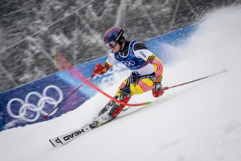 Belgium's Armand Marchant competes in the first run of the men's slalom alpine skiing event during the Milano Cortina 2026 Winter Olympic Games at the Stelvio Ski Centre in Bormio (Valtellina) on February 16, 2026.  Fabrice COFFRINI / AFP
