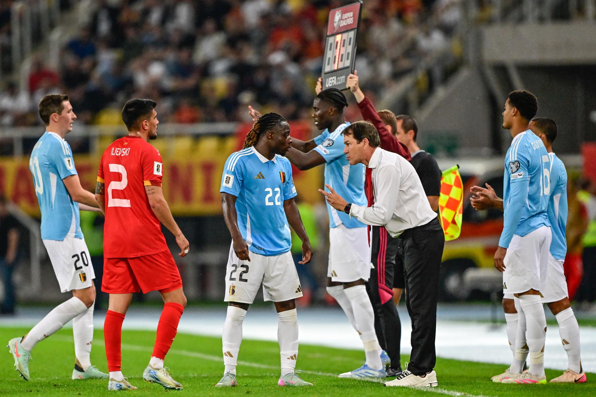Belgium's Jeremy Doku and Belgium's head coach Rudi Garcia pictured during a soccer game between North Macedonia and Belgian national team Red Devils, Friday 06 June 2025 in Skopje, the first (out of 8) qualification games for the World Cup 2026. BELGA PHOTO DIRK WAEM