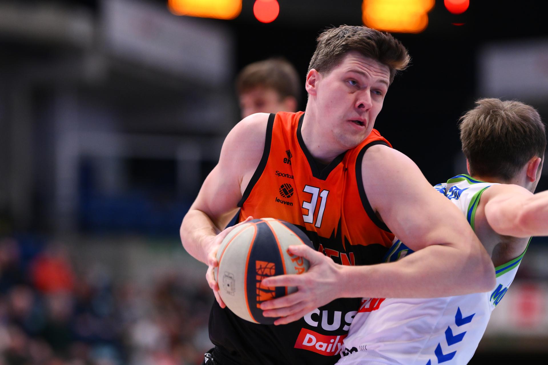 Leuven's Mattias Palinckx pictured during a basketball match between Mons-Hainaut and Leuven Bears, Saturday 15 February 2025 in Mons, on day 23 of the 'BNXT League' Belgian/ Dutch first division basket championship. BELGA PHOTO JOHN THYS