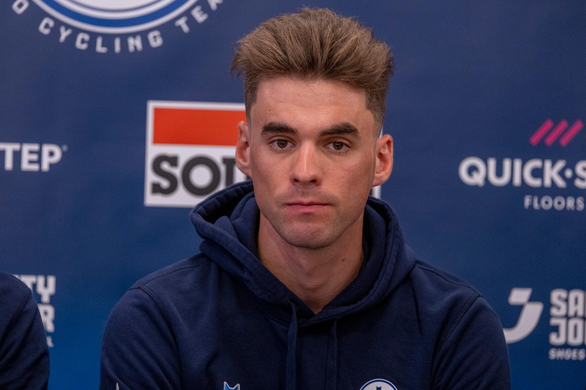 Belgian Warre Vangheluwe of Soudal Quick-Step pictured during a press conference of the Soudal Quick-Step cycling team, Thursday 04 April 2024 in Oudenaarde, to discuss Sunday's Paris-Roubaix race. BELGA PHOTO NICOLAS MAETERLINCK
