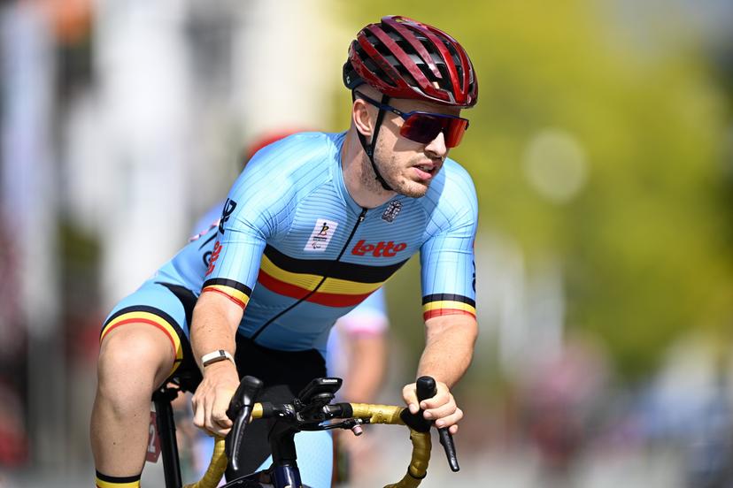 Belgium Tim Celen (MT2) pictured in action during the road race at the UCI Para-cycling Road World Championships, Saturday 30 August 2025, in Ronse. The UCI Para-Cycling Road World Championships take place from 28 to 31 Augustus in Ronse. BELGA PHOTO JASPER JACOBS
