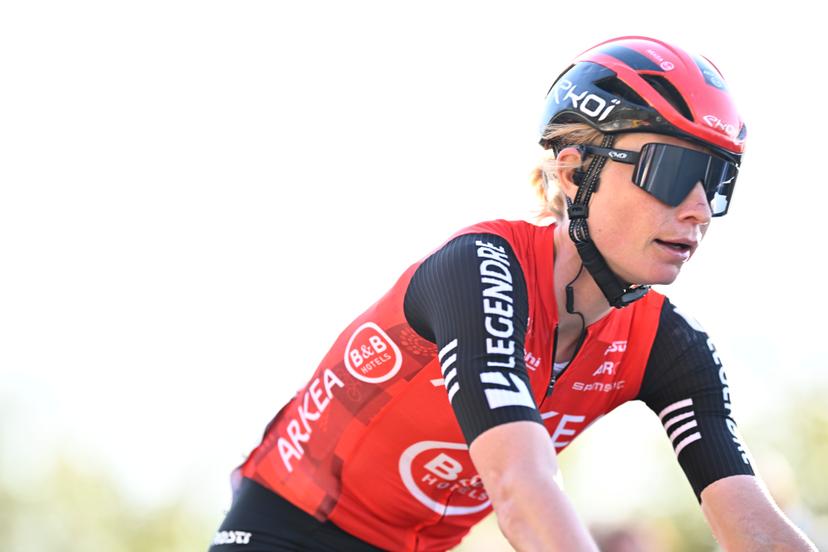 Belgian Lotte Claes of Arkea - B&B Hotels Women crosses the finish line of the women elite race of the 'Dwars Door Vlaanderen' cycling event, 128,5km from and to Waregem, Wednesday 02 April 2025. BELGA PHOTO JASPER JACOBS