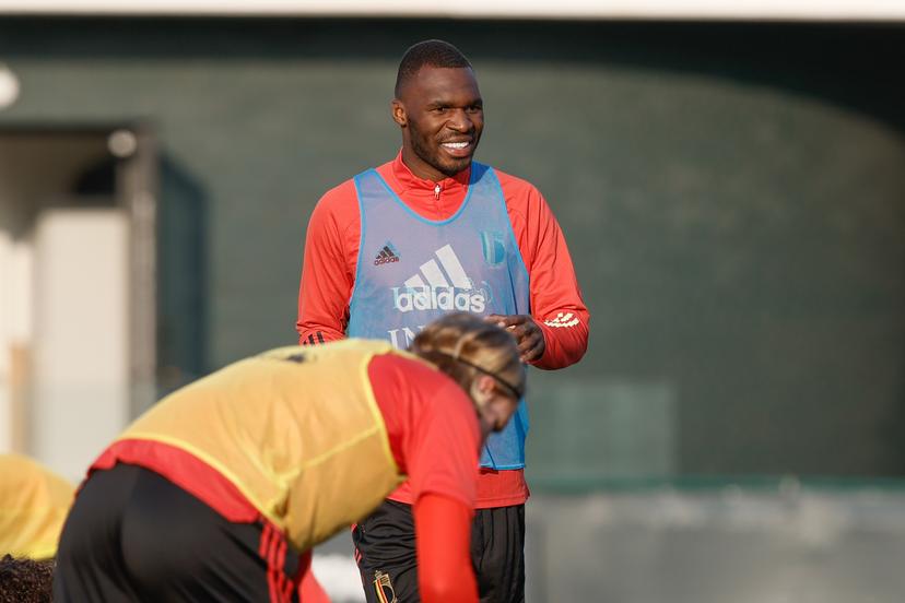 Belgium's Christian Benteke pictured during a training session of the Royal Belgian Football Association (RBFA), Thursday 24 March 2022 in Tubize, during the preparations for the friendly games against and in Ireland (26/03) and against Burkina Faso (29/03). BELGA PHOTO BRUNO FAHY
