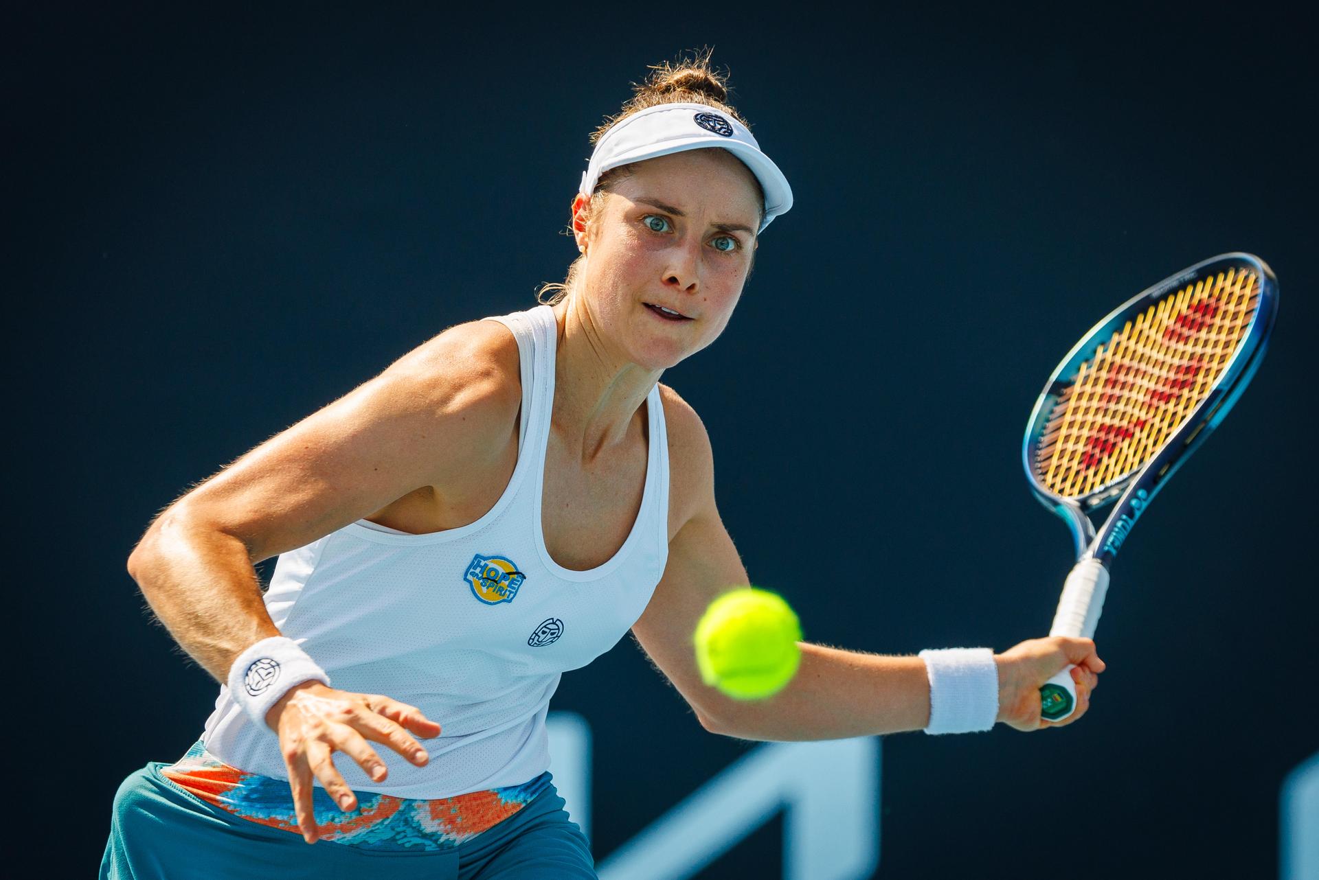 Belgian Marie Benoit pictured during a women's qualifying singles second round game between Belgian Marie Benoit and Polish Maja Chwalinska, at the 'Australian Open' Grand Slam tennis tournament, Wednesday 08 January 2025 in Melbourne Park, Melbourne, Australia. The 2025 edition of the Australian Grand Slam takes place from January 12th to January 26th. Benoit lost her second game 1-6, 6-3, 1-6. BELGA PHOTO PATRICK HAMILTON
