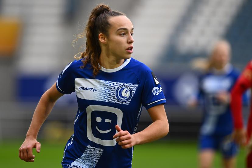 KAA Gent's Ladies Jasmien Mathys pictured during a female soccer game between AA Gent Ladies and Standard Femina on the 11th matchday of the 2024 - 2025 season of Belgian Lotto Womens Super League, Saturday 23 November 2024 in Gent. BELGA PHOTO LUC CLAESSEN